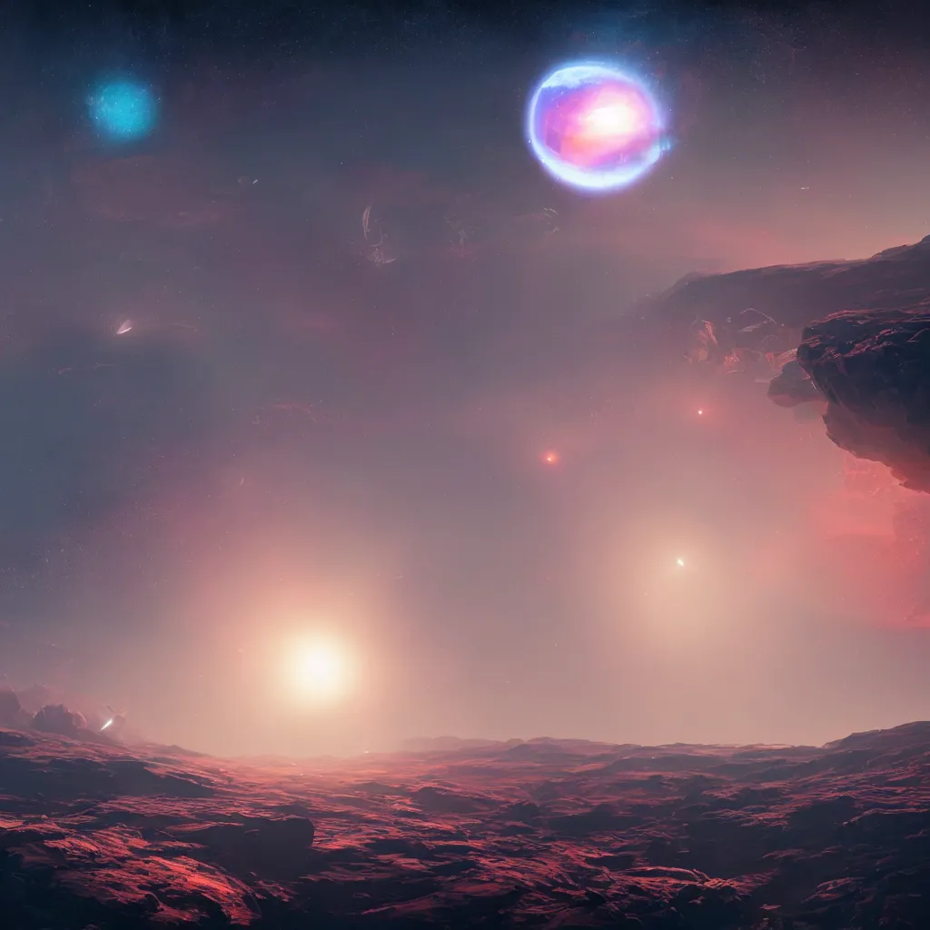 Image similar to a colorful exoplanet, horizon, view from space, artstation, cinematic, by greg rutkowski, scifi, digital art, digital painting, unreal engine, 8 k, volumetric lighting, contrast