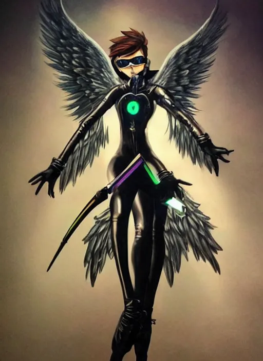 Image similar to full body artwork of tracer overwatch, wearing black latex outfit, in style of zdzisław beksinski, angel wings, dramatic painting, wearing detailed leather collar, black shiny armor, chains, black harness, detailed face and eyes,