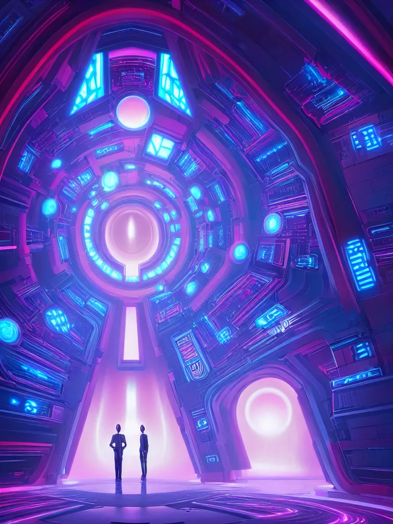 Image similar to symmetrical entrance to mainframe ethereal realm, ai sentient, octane render, symmetrical composition, dreamy colorful cyberpunk colors, 6 point perspective, fantasy landscape with anthropomorphic terrain in the styles of igor morski, jim warren and rob gonsalves, intricate, hyperrealistic, volumetric lighting, neon ambiance, distinct horizon