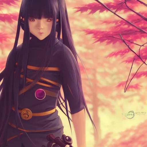 Image similar to a beautiful girl with long dark hair, wearing a ninja uniform, forest background, intricate, highly detailed, digital painting, artstation, official media, anime key visual, concept art, rich vivid colors, ambient lighting, sharp focus, illustration, art by Artgerm, Makoto Shinkai, Ilya Kuvshinov, Lois Van Baarle, and Rossdraws