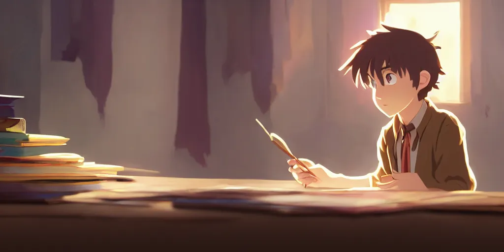 Image similar to a young boy mage with a brown cloak and brown hair is standing at his desk working on a new spell, colorful, flowing energy, light rays, anime boy, boy, consistent face, anime boy face, medium shot, waist up, pixar and disney animation, sharp, by greg rutkowski and makoto shinkai, bloom, dramatic lighting, cinematic