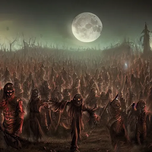 Image similar to a matte painting of an undead army, glowing eyes, night time, full moon, horror, cinematic scene, dramatic lighting,