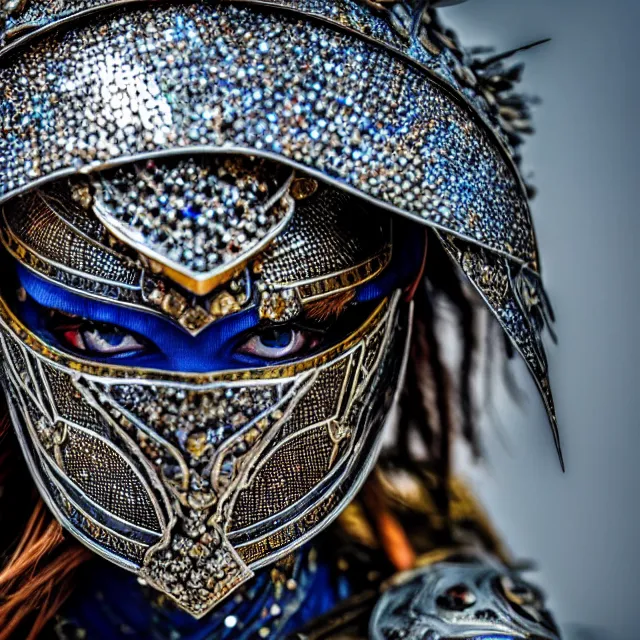 Prompt: photo of a beautiful warrior with sapphire encrusted armour highly detailed 8 k hdr smooth sharp focus high resolution award - winning photo dslr 5 0 mm