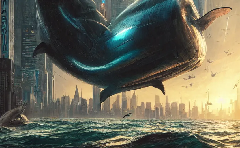 Prompt: cyberpunk whale attacking Newyork city ,digital art,ultra realistic,ultra detailed, ultra wide Lens, art by greg rutkowski