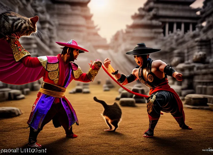 Prompt: hamster dressed as shao khan fights a cat dressed as kung lao in mortal kombat on the background of an ancient temple. fantasy magic style. highly detailed 8 k. intricate. lifelike. soft light. sony a 7 r iv 5 5 mm. cinematic post - processing