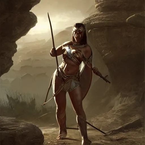 Image similar to a spartan woman wearing a cape and holding a spear in a arena, Matte painting , detailed painting, greg rutkowski