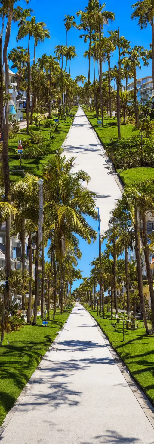 Image similar to satellite photo of walkway, palm trees, bicycles straight lines, accessible for the disabled, by professional photographer, 8 k resolution, photo, high quality