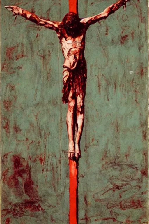 Image similar to bloody christ crucified and some bright ufo in the sky painted by cy twombly and andy warhol