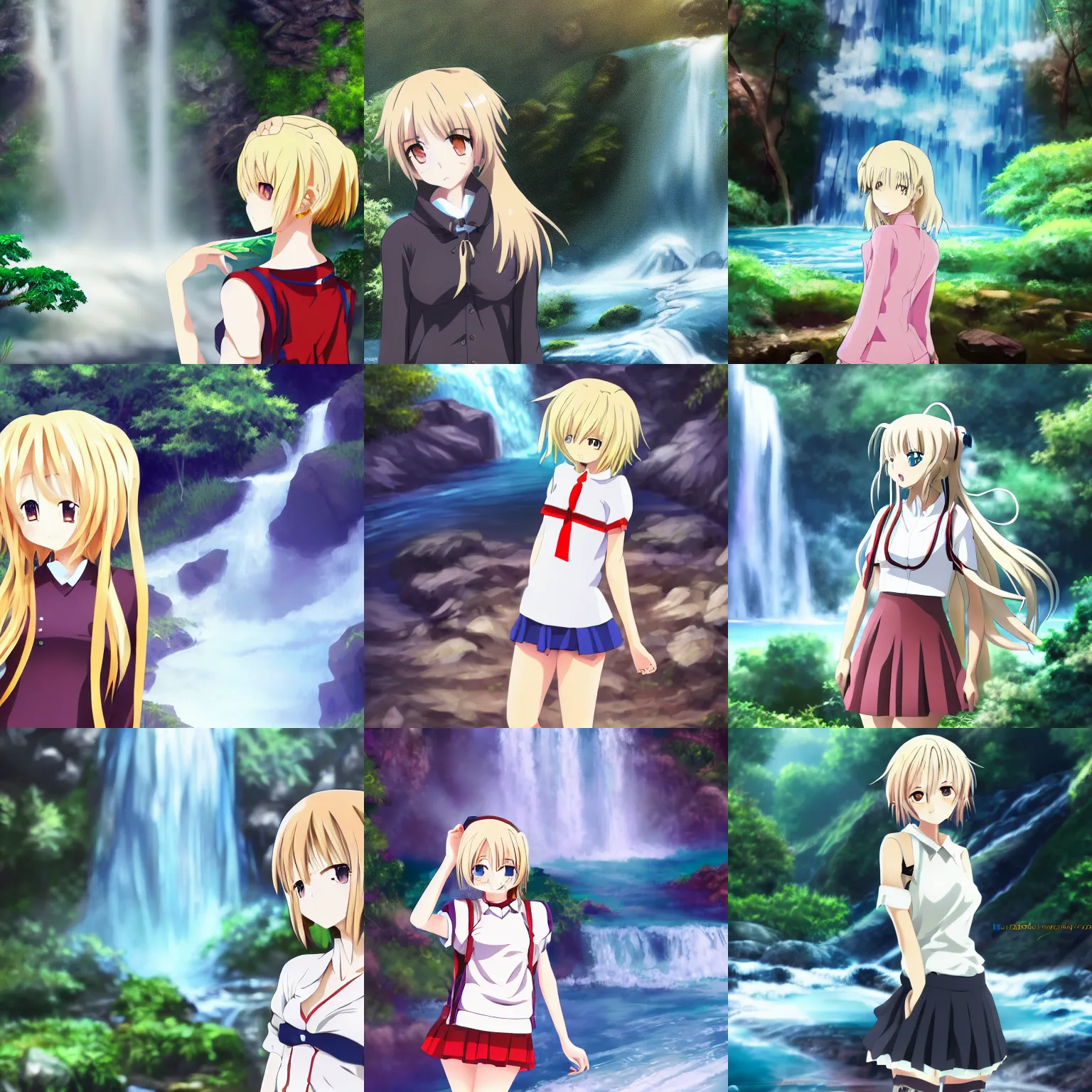 Prompt: high quality anime-style image of a beautiful woman wearing a short seifuku, light blonde shoulder-length hair, standing near a waterfall, 4k, digital art, wallpaper