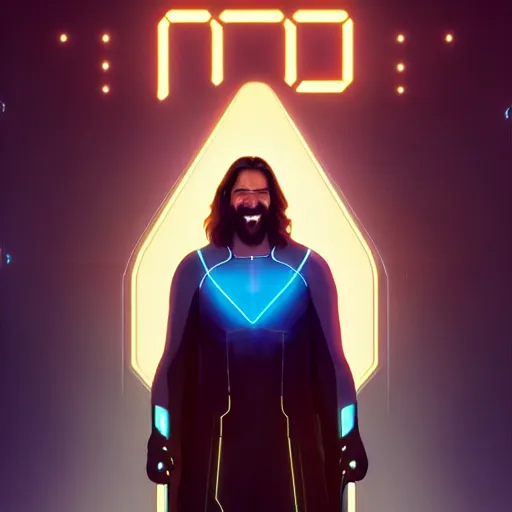 Image similar to tron legacy jesus laughing, diffuse lighting, hyper realistic, concept art, intricate, hyper detailed, smooth, sharp focus, illustration, trending on artstation, art by greg rutkowski and james gurney and alphonse mucha