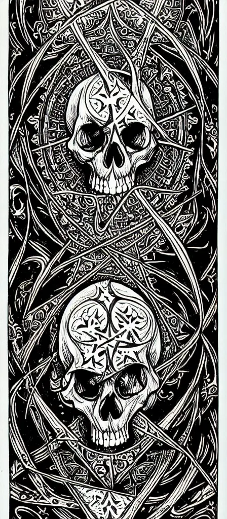 Prompt: a beautiful fractal tarot card featuring bold occult imagery with clean lines. skulls. punk. dimension. haeckel. fish and sea creatures. detailed adult coloring book