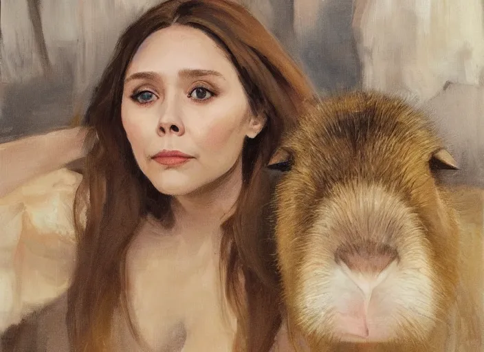 Prompt: a highly detailed beautiful portrait of elizabeth olsen with a capybara, by gregory manchess, james gurney, james jean