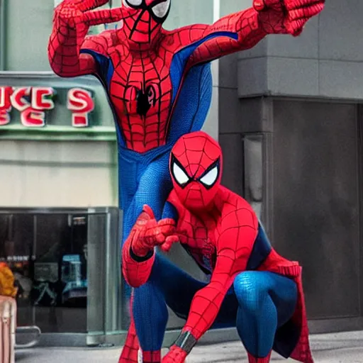 Prompt: Spider-Man & Knuckles ordering a large bucket of KFC chicken at Starbucks