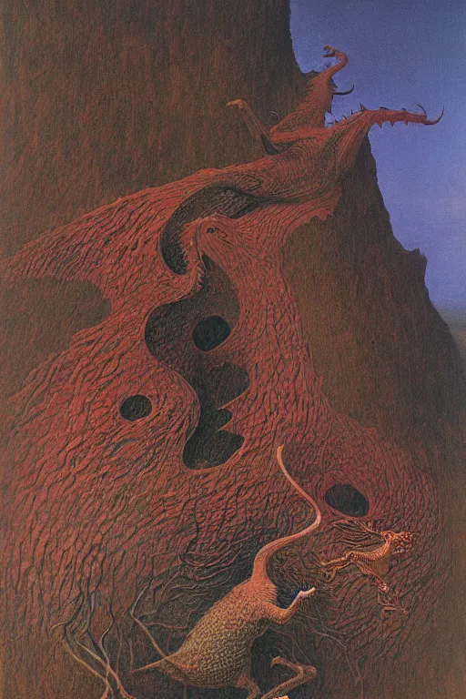 Image similar to zdzisław beksinski painting. a dragon protecting its hoard