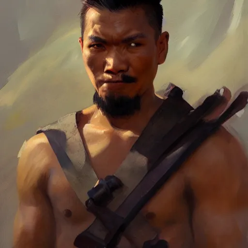 Image similar to greg manchess portrait filipino fighter struck in chestplate with a sword, organic painting, sunny day, matte painting, bold shapes, hard edges, street art, trending on artstation, by huang guangjian, gil elvgren, ruan jia, randy vargas, greg rutkowski