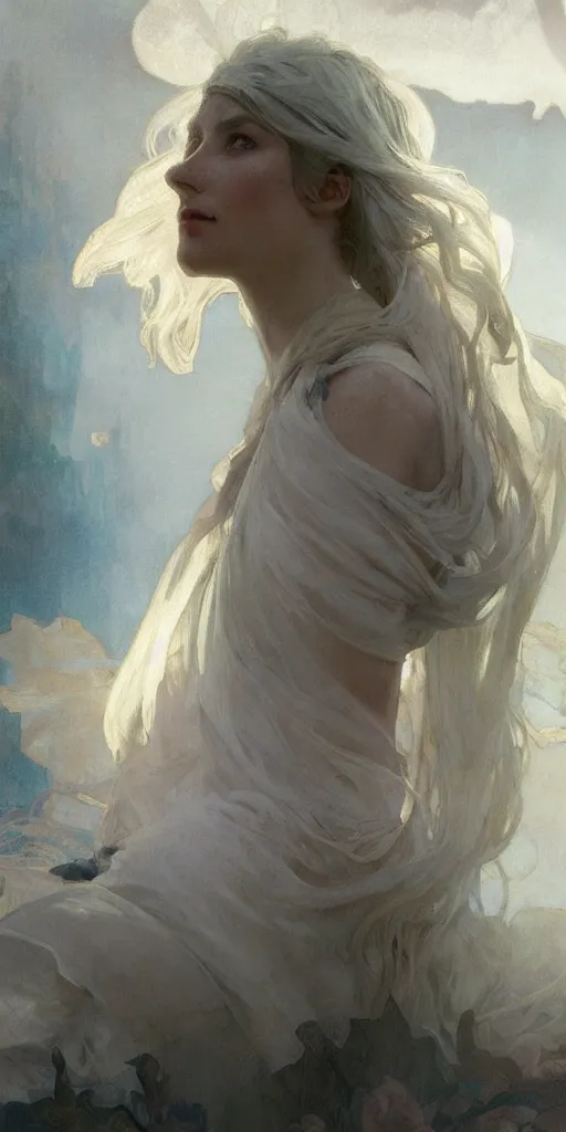 Image similar to a beautiful white haired young lady, with her toga floating about, artwork by jeremy mann and alphonse mucha, photo realistic, dynamic lighting, windy, artstation, poster, dreamy, volumetric lighting, ethereal, 4 k, high detail