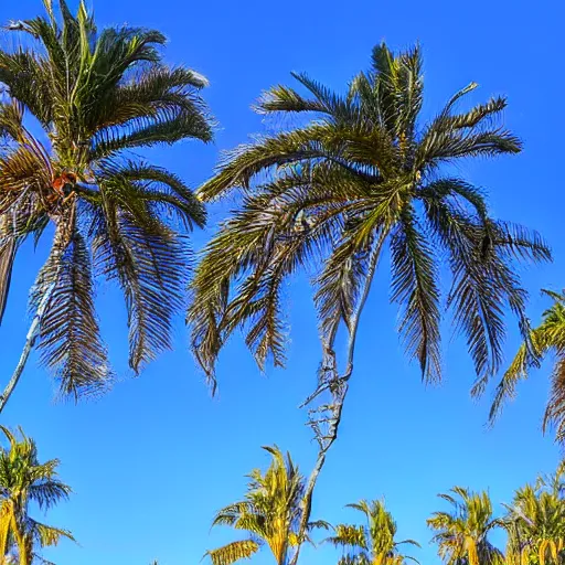 Prompt: corkscrew palm trees clear blue sky, flying