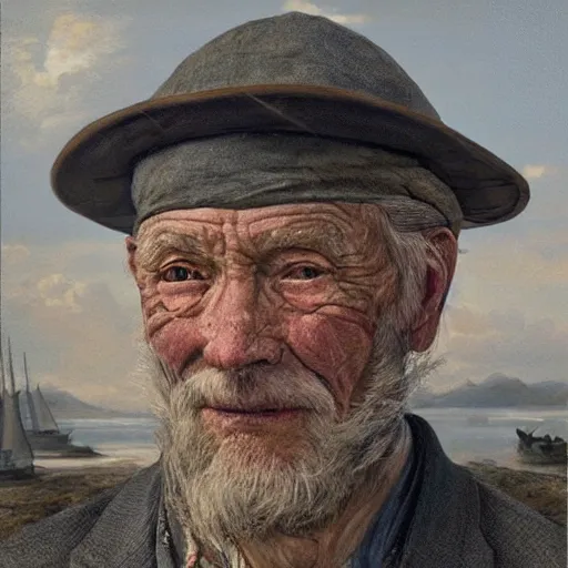 Prompt: realistic renderings of very old fisher man portrait with a hat, port scene background, astonishing scenes, detailed, photorealism