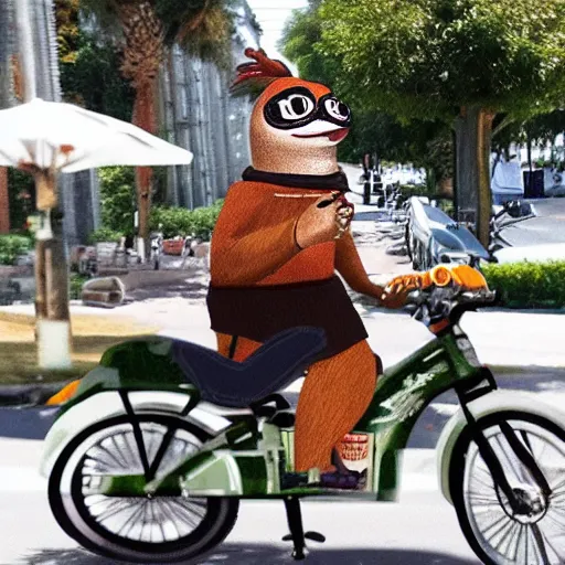 Prompt: pepe on a bike with beer