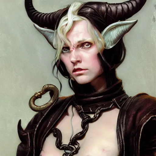 Image similar to portrait of a surly and resentful female tiefling thief with small horns clothed in leather armor and a cloak, angry expression, by Greg Rutkowski and John Collier and Krenz Cushart and Artem Demura and Alphonse Mucha and Albert Aublet, as seen on ArtStation, 4k, dungeons and dragons, very aesthetic, very detailed, intricate, unreal, fantasy, dramatic, painterly, artstation, sharp focus, smooth