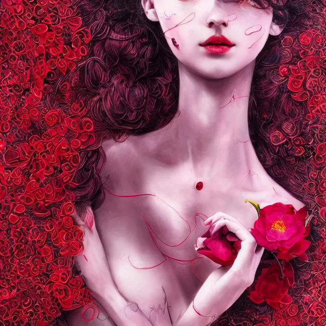 Prompt: studio portrait of an absurdly beautiful, elegant, young hypercolorful sensual gravure idol rubies and red petals, ultrafine hyperrealistic detailed face illustration by kim jung gi, irakli nadar, intricate linework, sharp focus, bright colors, matte, octopath traveler, final fantasy, unreal engine highly rendered, global illumination, radiant light, intricate environment