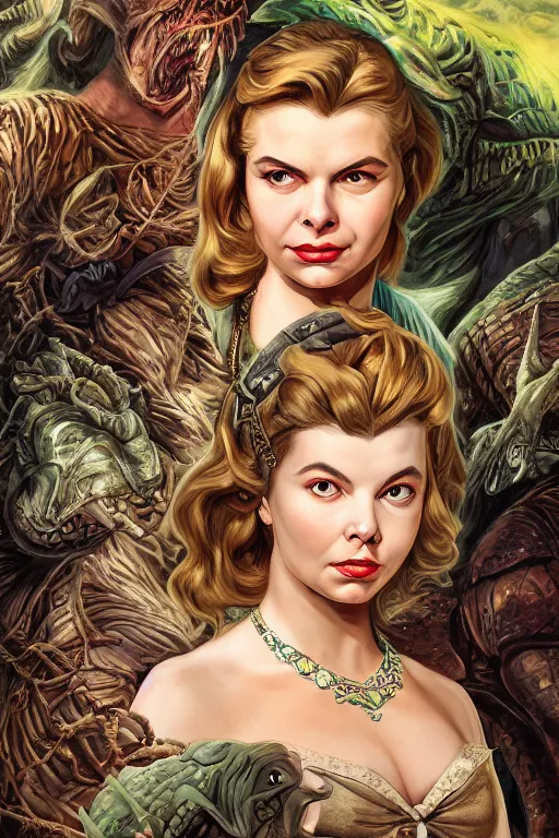 Image similar to A fantasy comic book style portrait painting of Ingrid Bergman, Anya Taylor-Joy, Cory Chase, hybrid, as an Atlantean Reptilian Warrior, François Boucher, Oil Painting, Mystical Valkyrie, unreal 5, DAZ, hyperrealistic, octane render, Regal, Refined, Detailed Digital Art, RPG portrait, Michael Cheval, Walt Disney (1937), William-Adolphe Bouguereau, Steampunk, dynamic lighting, Highly Detailed, Cinematic Lighting, Unreal Engine, 8k, HD