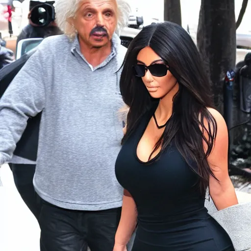 Image similar to paparazzi photo of kim kardashian on a date with einstein, wide angle, fisheye, uhd, 8k, award winning,