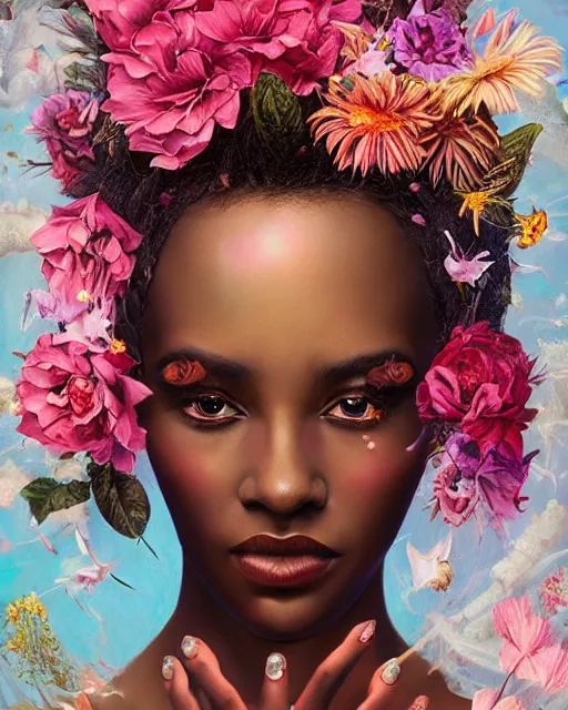 Image similar to portrait of the africo - american queen of the underworld, surrounded by flowers by karol bak, james jean, tom bagshaw, rococo, sharp focus, trending on artstation, cinematic lighting, hyper realism, octane render, 8 k, hyper detailed.