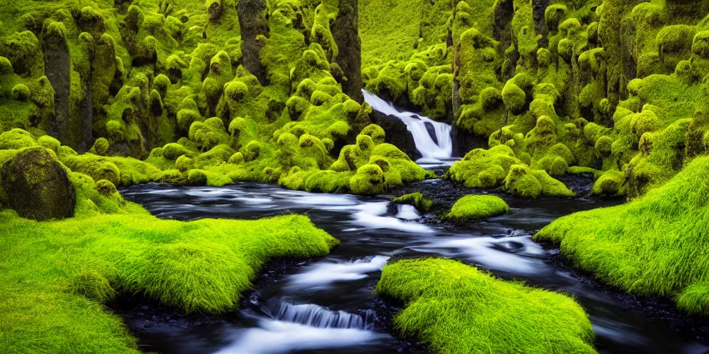 Image similar to photo of a landscape with lush forest, wallpaper, very very wide shot, iceland, new zeeland, green flush moss, national geographic, award landscape photography, professional landscape photography, waterfall, stream of water, small colorful flowers, big sharp rock, ancient forest, primordial, sunny, day time, beautiful