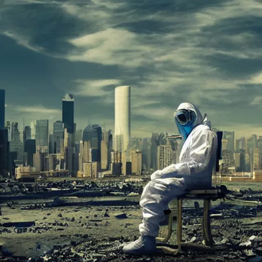 Image similar to a beautiful award-winning photo of the last man on Earth wearing a hazmat suit sitting near the flag of Argentina, serene idyllic post-nuclear background, a mirage of a skyline of a destroyed city, volumetric lighting, very high quality, extremely detailed, subtle visual noise, 8K