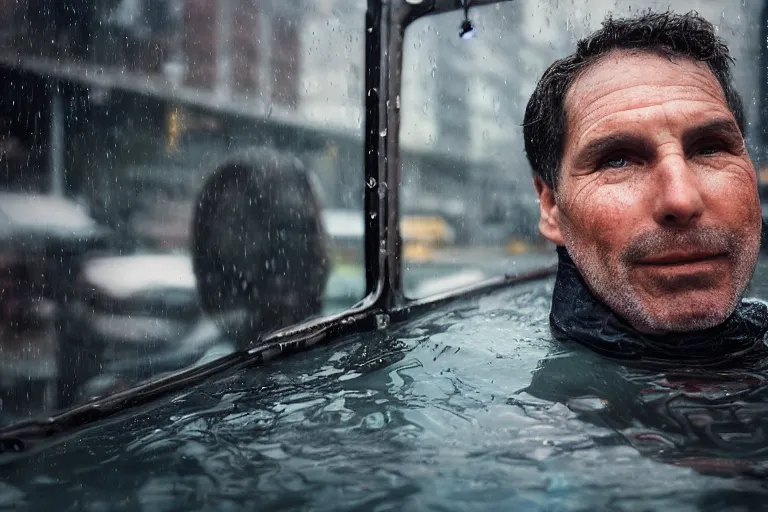 Image similar to closeup portrait of a man riding a submarine in a rainy new york street, by Steve McCurry and David Lazar, natural light, detailed face, CANON Eos C300, ƒ1.8, 35mm, 8K, medium-format print