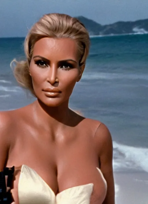 Image similar to film still of kim kardashian as ursula andress in dr. no