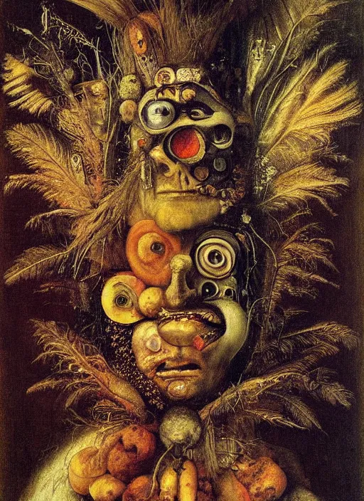 Prompt: a surreal painting of a shaman's face, by Giuseppe Arcimboldo, voodoo, Hieronymus Bosch, symbolist, soft colors, dramatic lighting, smooth, sharp focus, extremely detailed, aesthetically pleasing composition