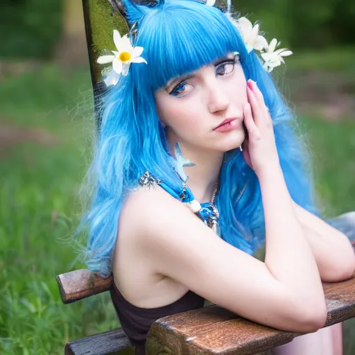 Image similar to dslr photo of a pretty young woman, full bodied portrait, with blue hair, sitting on a bench wearing a flower skirt, and body and wearing hemp sandals and a very detailed faerie necklace around neck, very high quality face, intricate details, extremely high quality, moody lighting, real camera, real photo 8 k, full subject in shot