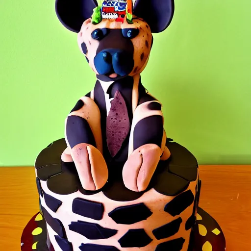 Prompt: a birthday cake with a hyena on top of it