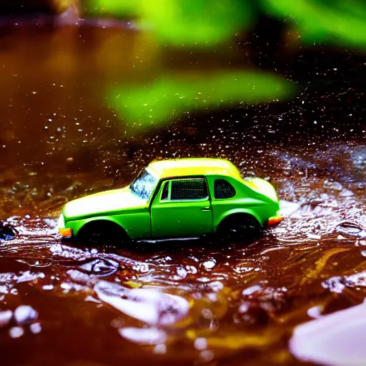 Prompt: macro photography of a toy hot wheels car driving through a creek in the rain, 3 5 mm