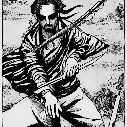 Image similar to pen and ink!!!! attractive 22 year old deus ex Frank Zappa x Ryan Gosling golden!!!! Vagabond!!!! magic swordsman!!!! glides through a beautiful battlefield magic the gathering dramatic esoteric!!!!!! pen and ink!!!!! illustrated in high detail!!!!!!!! by Hiroya Oku!!!!!!!!! Written by Wes Anderson graphic novel published on shonen jump MTG!!! 2049 award winning!!!! full body portrait!!!!! action exposition manga panel