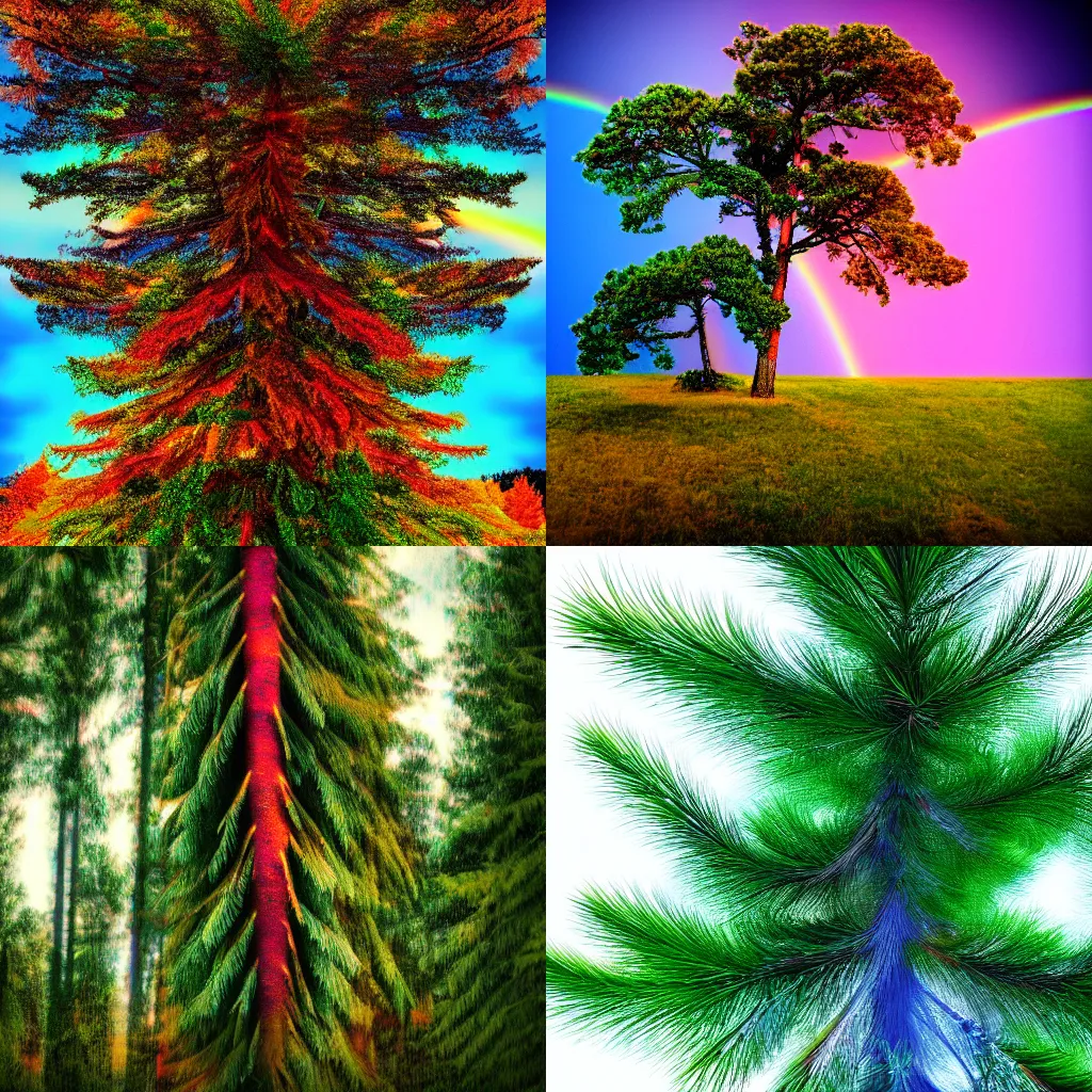 Prompt: A pine tree with rainbow leaves, saturated photograph 4k realistic high quality