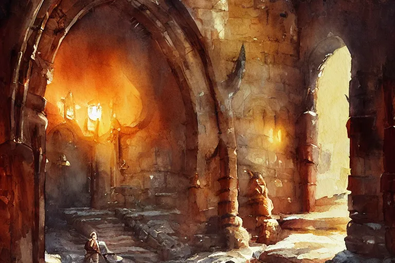 Image similar to small centered on watercolor paper, paint brush strokes, abstract watercolor painting of medieval fortress entrance, giant iron door, copper nails, cinematic light, national romanticism by hans dahl, by jesper ejsing, by anders zorn, by greg rutkowski, by greg manchess, by tyler edlin