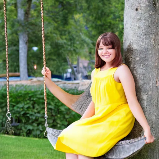 Image similar to a detailed portrait of a real cute girl on swing, wearing a yellow dress, smiling coy, award winning hd photo