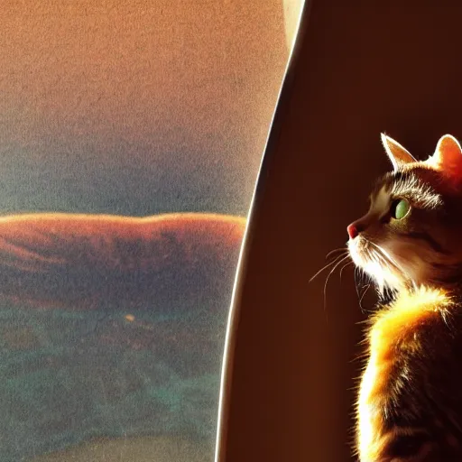 Image similar to cat watching martian landscape, standing inside a futuristic window, next to a food bowl