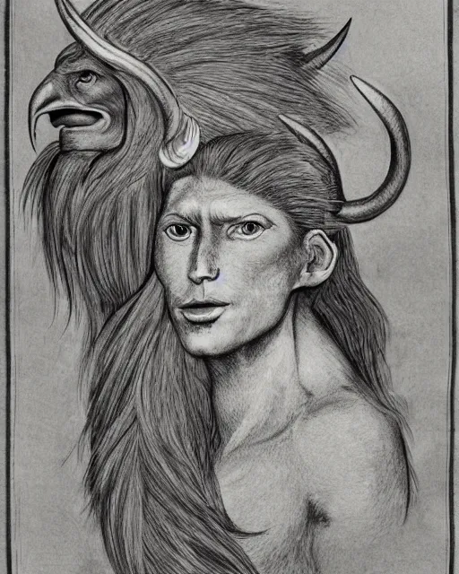 Image similar to human / eagle / lion / ox hybrid with two horns, one big beak, mane, human body. drawn