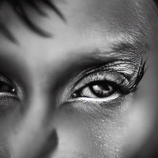 Prompt: Photo of a beautiful woman, her eyes are like them of a spider, national geographic