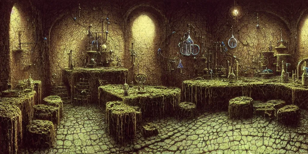 Image similar to detailed laboratory of alchemist and dark mage, room of necromancer by Beksinski, Luis Royo