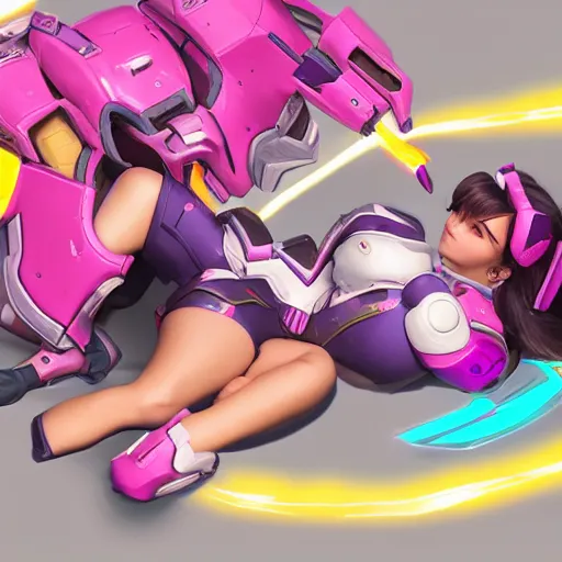 Prompt: D.Va from Overwatch taking a nap on top of her Meka