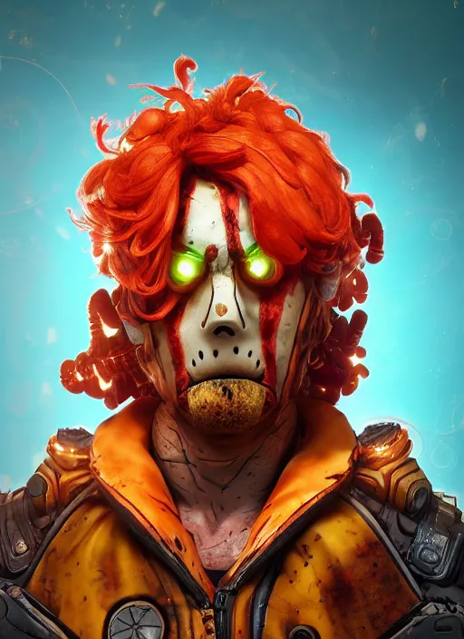 Image similar to glowwave portrait of curly orange hair man from borderlands 3, au naturel, hyper detailed, digital art, trending in artstation, cinematic lighting, studio quality, smooth render, unreal engine 5 rendered, octane rendered, art style by klimt and nixeu and ian sprigger and wlop and krenz cushart.