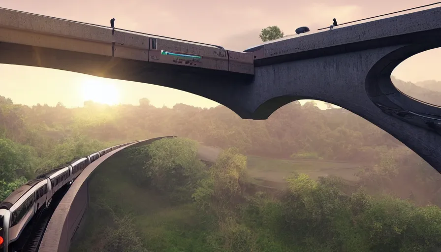 Image similar to futuristic train driving over futuristic aqueduct, green hills, matte painting, artstation, sunrise, blue sky, drone view