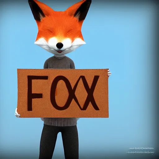 Prompt: a fox holding up a blank sign, digital art, unreal engine, blender