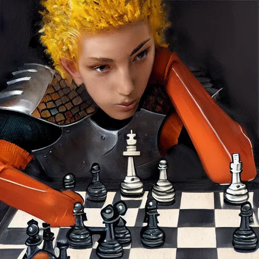 Prompt: knight in armor with mowhawk playing chess, oil painting, soft style, hyperrealism, beautiful, high resolution, trending on artstation