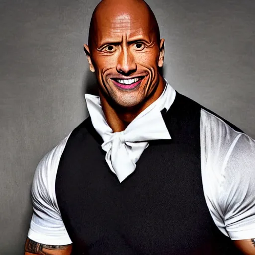 Image similar to Dwayne Johnson wearing a maid dress and cat ear headband, photorealism, photorealistic imagery, fullbody model shoot,